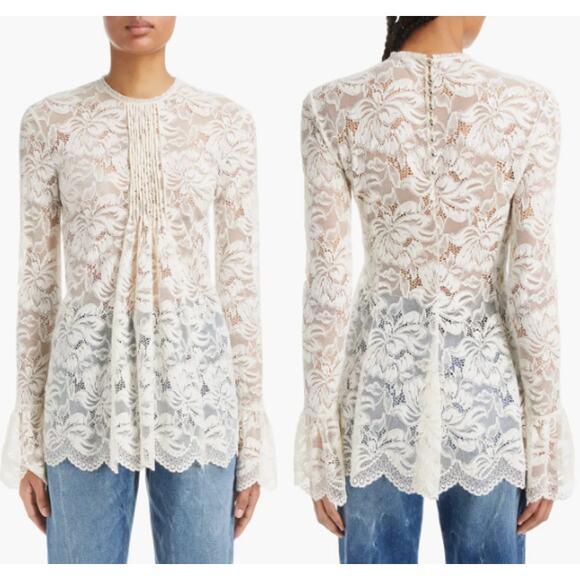 NWT Paco Rabanne Pleated Scalloped Long Sleeve Lace Blouse Cream Women's Size 36